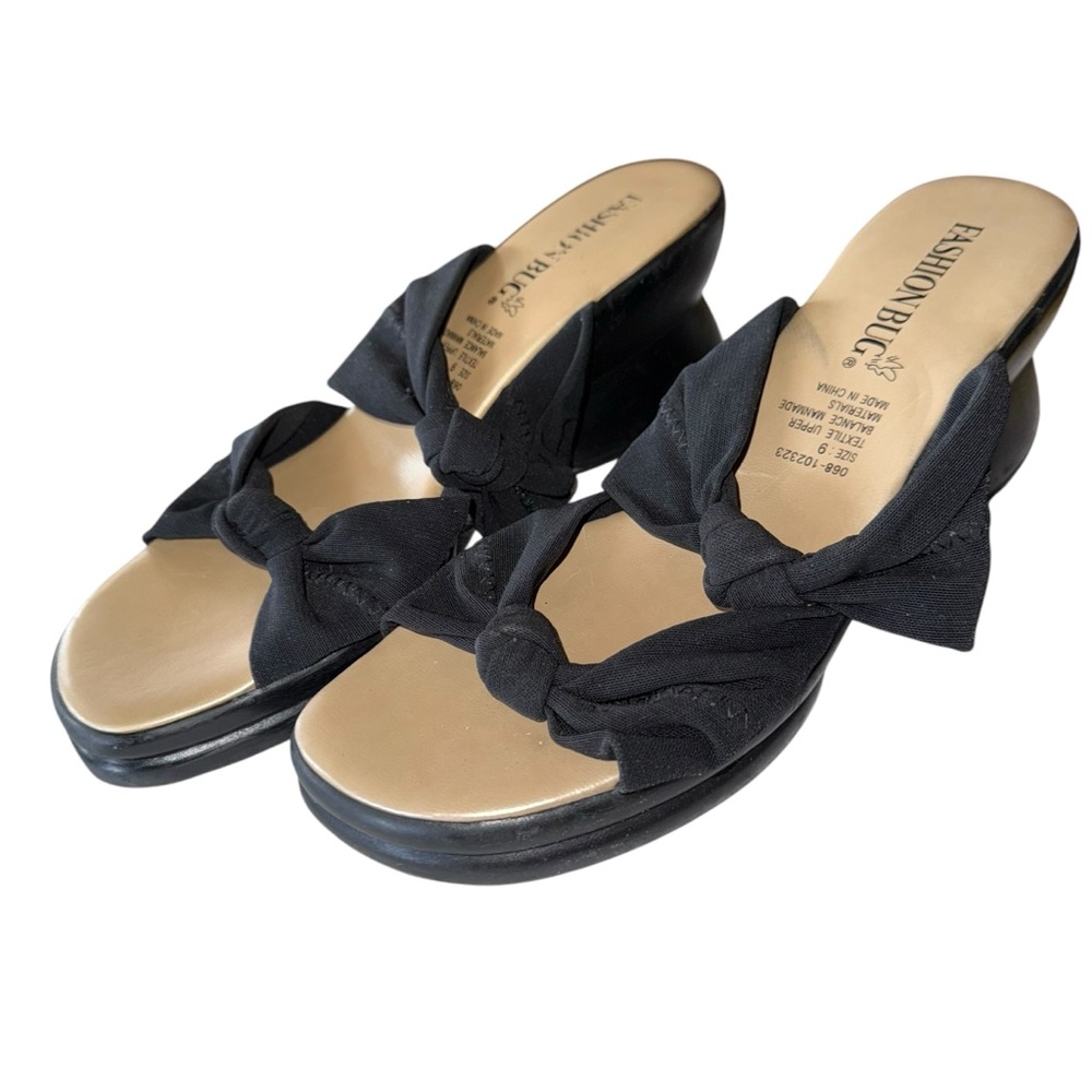 Fashion Bug Wedge Heel Slip On Sandal Black Size 9  3” Wedge Heel Stretch Straps